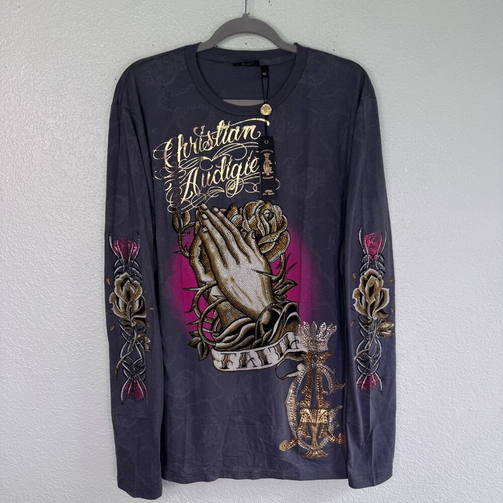 Christian Audigier Shirt Mens XL Faith Praying Hands Rhinestone Tee Grunge Y2K